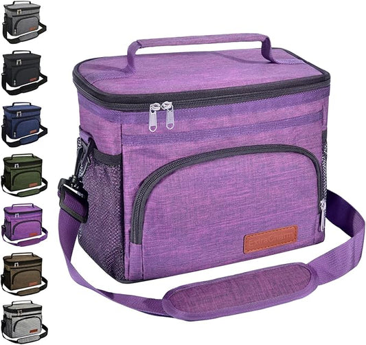 ExtraCharm Insulated Lunch Bag for Women/Men - Reusable Lunch Box for Office Picnic Hiking Beach - Leakproof Cooler Tote Bag Organizer with Adjustable Shoulder Strap for Adults - Purple