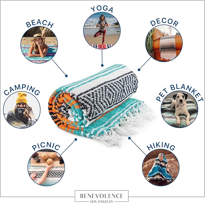 Benevolence LA Authentic Handwoven Mexican Blanket, Yoga Blanket - Perfect Outdoor Picnic Blanket, Beach Blanket, Camping Blanket, Equestrian Saddle Blanket, Serape Blanket 50x70 inches - 1 Blanket
