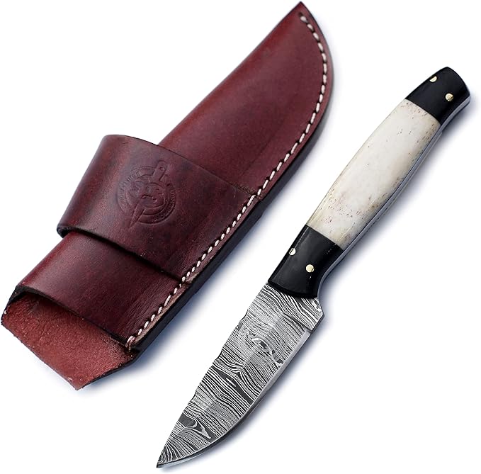 Handmade Damascus Steel Knife Bowie for Hunting,Survival,Camping,Bushcraft and Fishing Fixed Blade withDrop Point-Full Tang Bone Handle with Cowhide-Leather Sheath - WKD-775