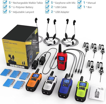 5 Walkie Talkies for Adults Long Range Rechargeable Walkie-Talkies - Long Distance 2 Way Radios Walkie Talkies 5 Pack Walkie Talkies with Earpiece and Mic Set USB Charger Lanyard NOAA Weather Alert