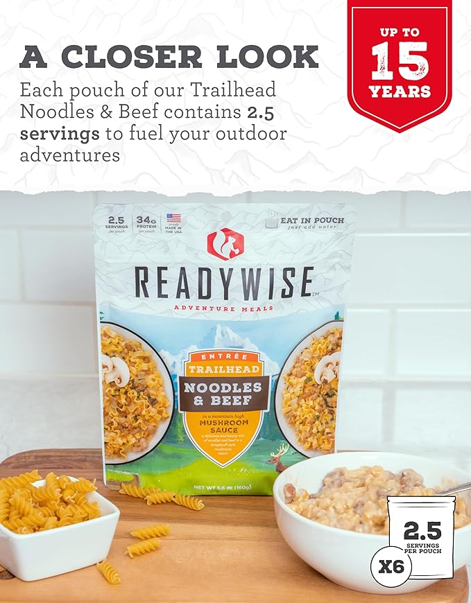 READYWISE - Adventure Meal, Creamy Pasta With Chicken, 15 Servings Total, Pack of 6, Emergency Preparedness, Freeze Dried Food, MRE, Snack Pack or Emergency Food, Backpacking, Camping, Hiking, and, Survival Food