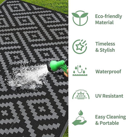 GENIMO Outdoor Rugs 8x10 Waterproof, Reversible Mats, Area Plastic Straw Rug, Outside Carpet, Geometric Rv Mat for Patio Camping Rv Picnic Backyard Deck Balcony Porch Beach Trailer (Black & Grey)