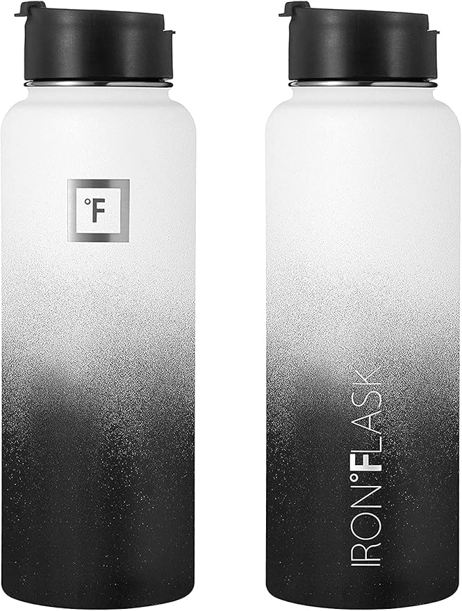 IRON °FLASK Camping & Hiking Hydration Flask, Wide Mouth, 3 Straw Lids, Stainless Steel Outdoor Water Bottle, Double Walled, Insulated Thermos, Metal Canteen - Day & Night, 40 Oz