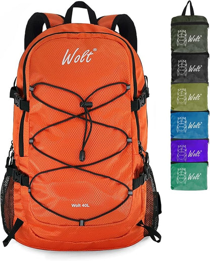 WOLT 40L Packable Travel Backpack, Foldable Lightweight Backpack for Men Women,Waterproof Hiking Bag for Outdoor Camping (Orange)