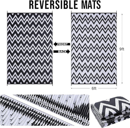 OLANLY Waterproof Outdoor Rug 6x9 ft Clearance, Reversible Outdoor Plastic Straw Rug, RV Mat, Indoor Outdoor Carpet for Patio, Camping, Balcony, Deck, Backyard, Black & White