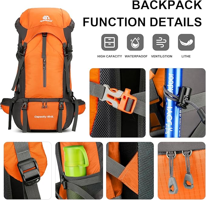 ShowyLive 70L Backpack - Waterproof Hiking Backpack for Men and Women - Lightweight Camping and Backpacking Backpack with Rain Cover and Comfort Design, Orang