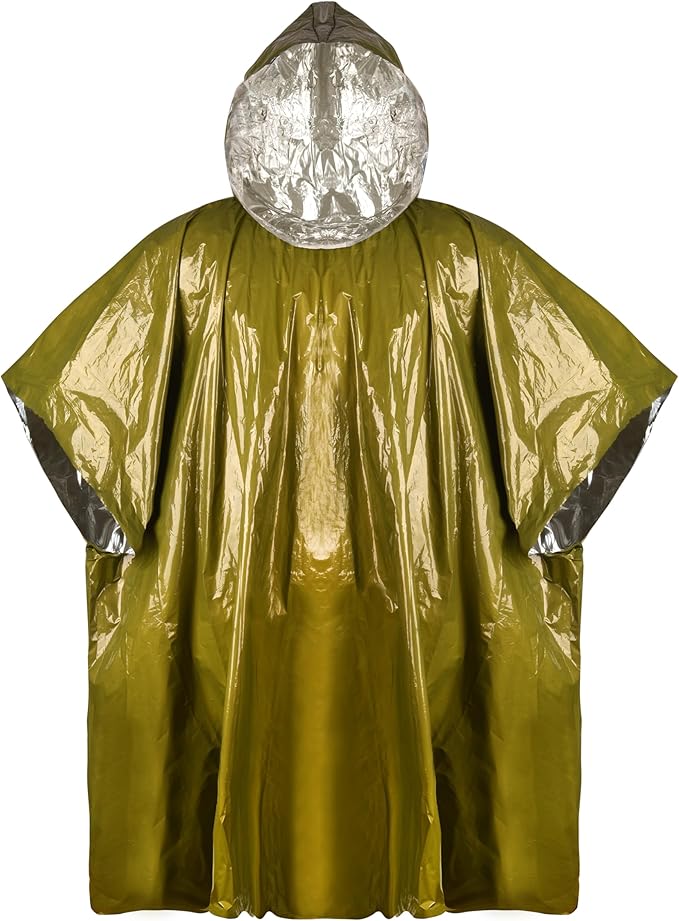 Emergency Survival Rain Poncho 4 pack Thermal Mylar Space Blanket Life Ponchos with Hood Waterproof for Adults Car Outdoor Activities Hiking Camping Gear Equipment and Supplies (Orange and Green)