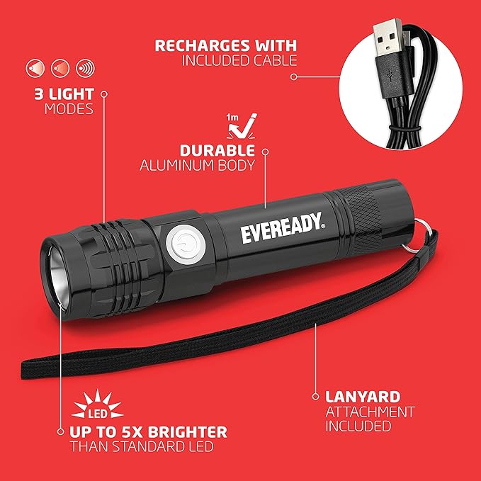 Eveready LED Tactical Flashlight, Bright Rechargeable Flashlights for Emergencies and Camping Gear, Water Resistant Flash Light