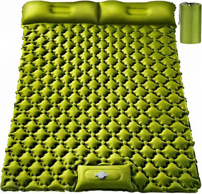 Double Sleeping Pad, Ultralight 4" Extra-Thick Self Inflating Sleeping Mat for 2 Person with Pillow Built-in Foot Pump Portable Camping Mat for Backpacking, Hiking, Traveling (Double Army yellow)