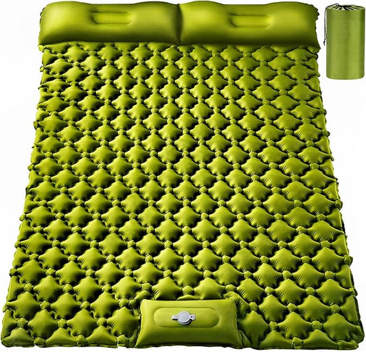 Double Sleeping Pad, Ultralight 4" Extra-Thick Self Inflating Sleeping Mat for 2 Person with Pillow Built-in Foot Pump Portable Camping Mat for Backpacking, Hiking, Traveling (Double Army yellow)