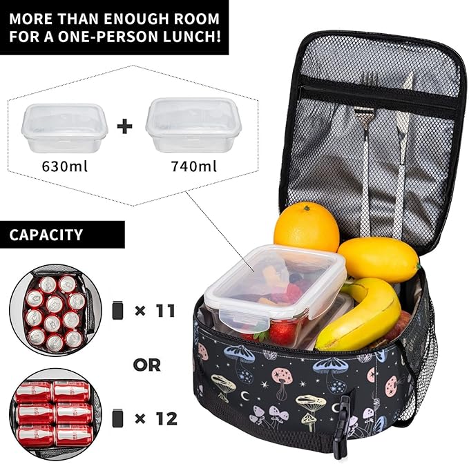 Space Mushrooms Lunch Box Reusable Insulated Lunch Bag Thermal Cooler Tote For Boys Girls Teen School Men Women Picnic Travel Hiking