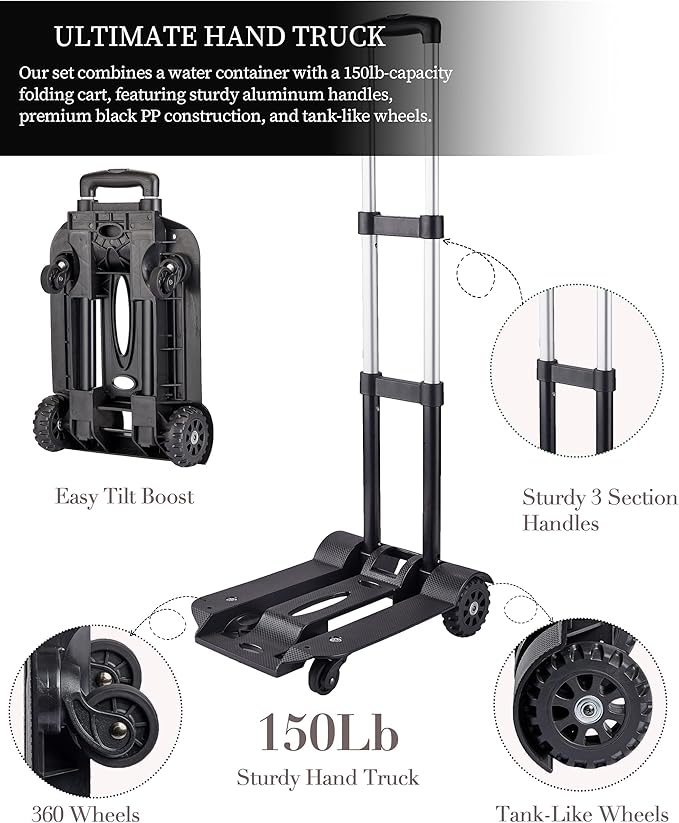 5 Gallon Water Jug and 150 lb Multifunctional Folding Hand Cart,Black Hand Truck,BPA Free Thickened Water Storage, Portable Luggage Cart with 2 Tank Wheels + 2 Swivel Wheels,Essential Camping Hiking