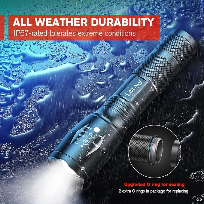 LETMY Tactical Flashlight S2000-2 Pack Bright Military Grade LED Flashlights High Lumens - Portable Handheld Flash Light, 5 Modes Zoomable Waterproof Flashlights for Home Emergency Camping Outdoor