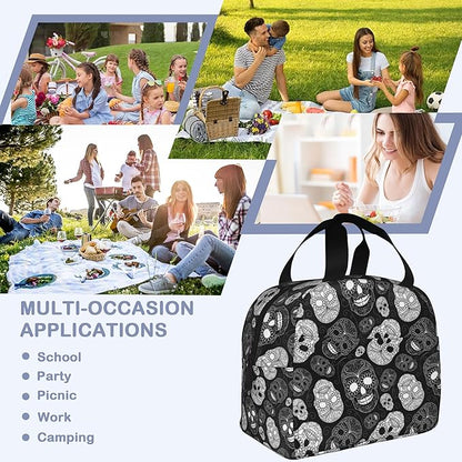 Insulated Lunch Bag, Black and White Skull Head Lunch Box for School Student Kids Boys Girls,Leakproof Small Lunch Tote for Adult Men Women,Reusable Lunch Cooler Tote Bag for Office Work Picnic