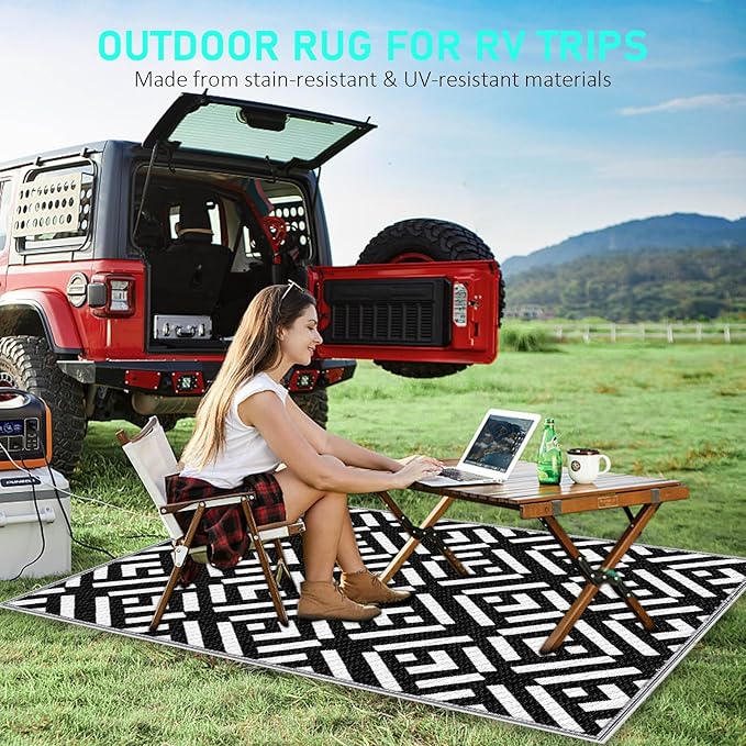 Outdoor Rug 5x8Ft, Solar Powered Outdoor Camping Rug with 80LEDs Strip Lights, Waterproof Plastic Reversible Outdoor Straw Rug Mat for RV Camping Patio Beach Balcony House Deck Picnic
