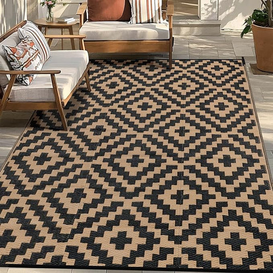 Outdoor Patio Plastic Straw Rug - 4'x6' Outdoor Camping Rug Waterproof Reversible, Area Carpet Patios Clearance RV, Outside Porch Balcony Deck for Camper, Black & Brown