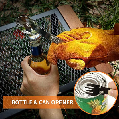PSKOOK 5-in-1 Utility Tactical Spork, 2-Pack Stainless Steel Spoon & Bottle Opener, Fork & Knife, Can Opener Combo Camping Utensil for Hiking, Camping or Backpacking (Black & Matte Silver)