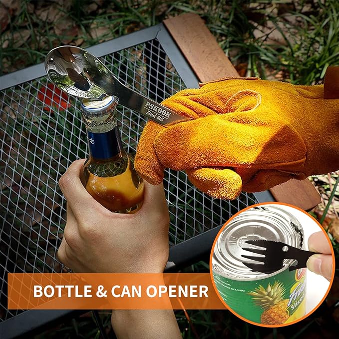 PSKOOK 5-in-1 Utility Tactical Spork, Stainless Steel Spoon & Bottle Opener, Fork & Knife, Can Opener Combo Camping Utensil for Hiking, Camping or Backpacking (Black)