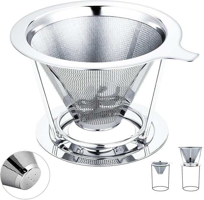 Pour Over Coffee Maker,Coffee Filter,Slow Drip Paperless Stainless Steel Cone Coffee Dripper(1 Cup)