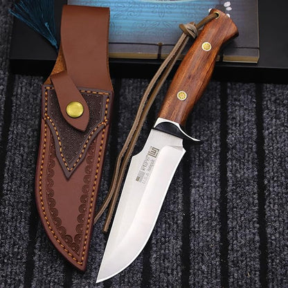 (USA 440C Steel Hunting Straight Knife + Sheath, 10.5 "Full Tang Fixed Blade, Yellow Pear Wood Handle, Outdoor, Camping and Survival, Men's, Women's cCamping Gift (WK01B)