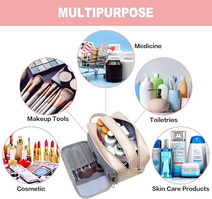 Travel Toiletry Bag for Women, Water-resistant Toiletry Organizer Dopp Kit, Dorm Room Essentials for Girls, Eco Leather Make Up Bag for Toiletries Accessories, Mother's Day Graduation Gifts for Her