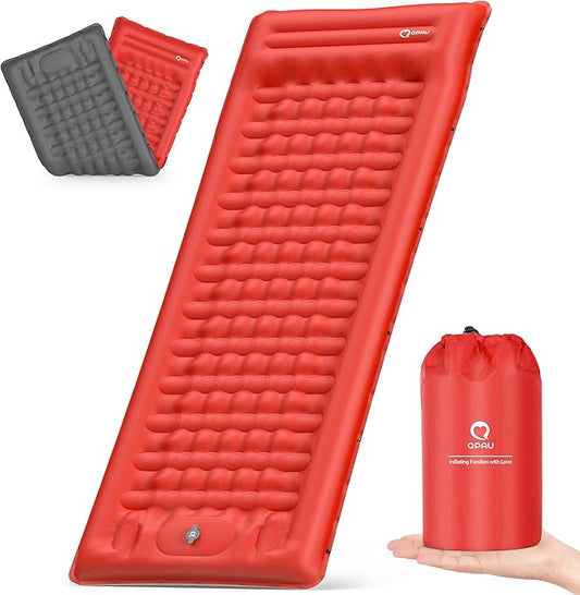 QPAU Sleeping Pad for Camping, Camping Mattress, 76''X26'', 4.7'' Extra-Thick Enhanced Support, with Built-in Foot Pump, for Camping, Hiking - Airpad, Backpacking and Home (Red+Dark Grey)