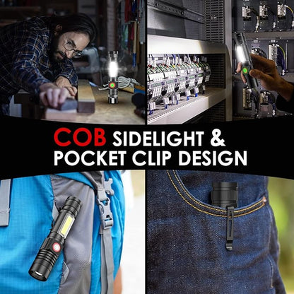 Small Flashlight Rechargeable, Magnetic LED Flashlight, 1000 Lumens Super Bright Flashlight with COB Work Light, 4 Modes, Waterproof, Zoomable Pocket Tactical Flashlights for Camping Emergency 2 Pack