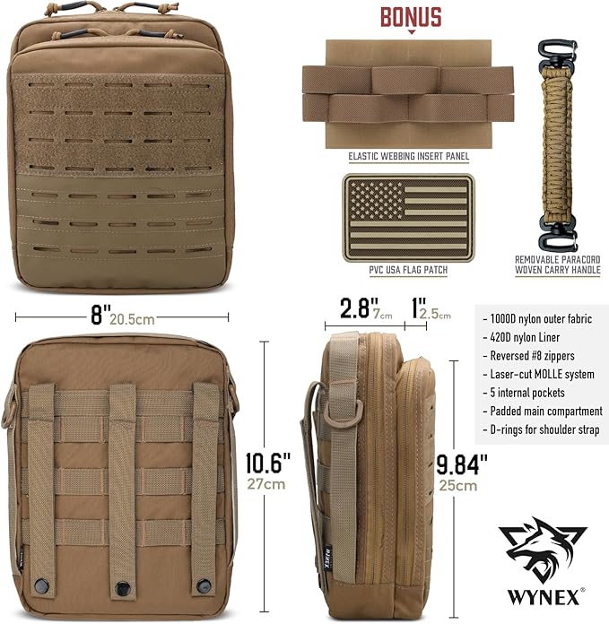 WYNEX Tactical Molle Admin Pouch, Utility EDC Pouch Organizer Modular Tool Pouch of Double Layer Design Medical EMT Attachment Bag Large Capacity with Elastic Webbing Insert Panel