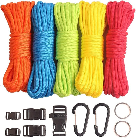 Paracord,Paracord 550 Combo Crafting Kits with 5 Types Buckles,20 Feet Each Paracord Rope (Light Rainbow Set 200feet) (B-Set)