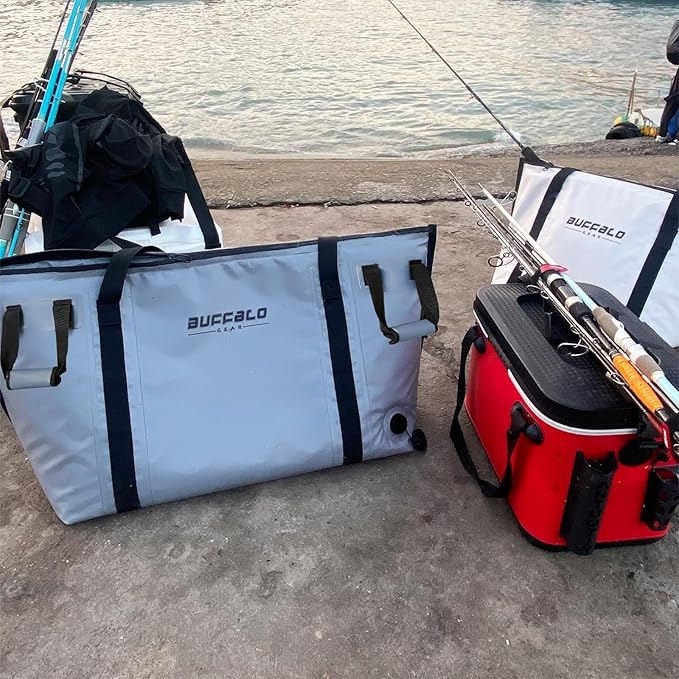Buffalo Gear Insulated Fish Cooler - 27.5QT 58QT Waterproof Flat Bottom Bag, Leakproof and Fishing Kill Bag