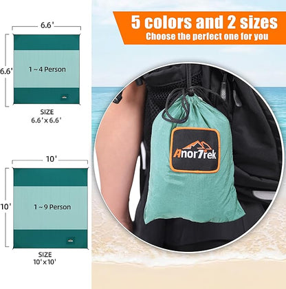 Beach Blanket Sandproof, Extra Large Beach Mat, Sand Free Mat Quick Drying, Lightweight, Soft & Durable Mat for Beach, Yard (Dark Green & Mint Green, 10 x 10 FT (1～9 Person))