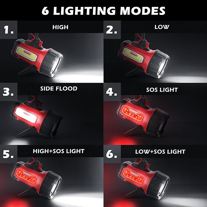 FORTO Rechargeable Spotlight Flashlight with 2000 Lumens, Handheld Spotlight with Foldable Stand, 6 Light Modes IPX7 Waterproof LED Spot Lights Outdoor for Boating Hunting Camping Hiking(Red)
