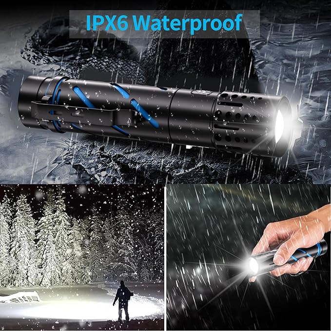 Rechargeable Flashlight with Long Beam and Belt Clip Small Flashlight with 5 Modes Zoomable Waterproof Adjustable Brightness High Lumens Powerful Handheld Flashlight for Outdoor Emergency Camping