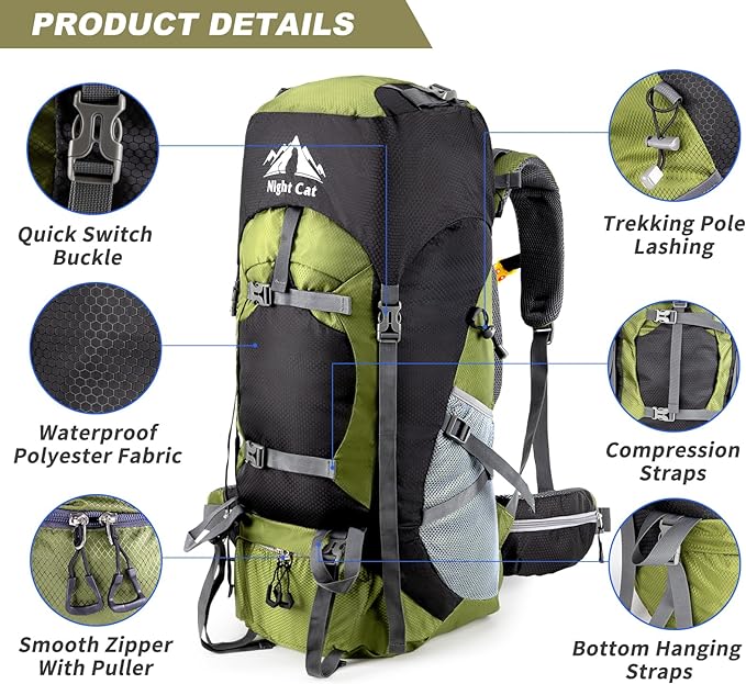 Night Cat Hiking Backpacks 40L Camping Backpacking Packs for Men Women Lightweight Outdoor for Mountaineering Traveling, No Internal Frame