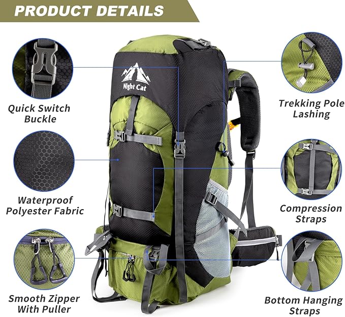 Night Cat Hiking Backpacks 70L Camping Backpacking Packs for Men Women Lightweight Outdoor for Mountaineering Traveling, No Internal Frame