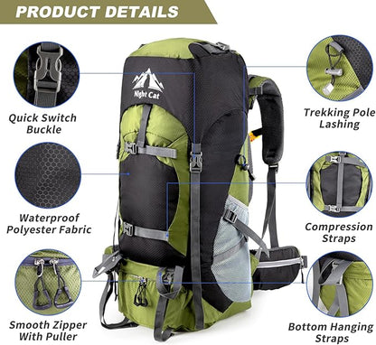 Night Cat Hiking Backpacks 70L Camping Backpacking Packs for Men Women Lightweight Outdoor for Mountaineering Traveling, No Internal Frame