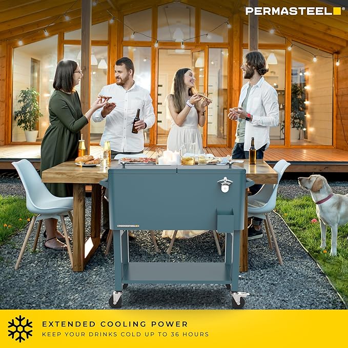 Permasteel 80-Qt Outdoor Patio Cooler with Removable Basin, Outside Beverage Cooler Cart, Rolling Cooler with Wheels and Handles, Teal Green