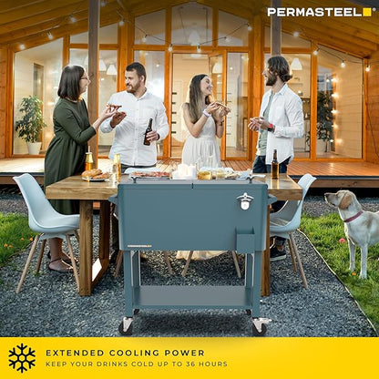 Permasteel 80-Qt Outdoor Patio Cooler with Removable Basin, Outside Beverage Cooler Cart, Rolling Cooler with Wheels and Handles, Teal Green