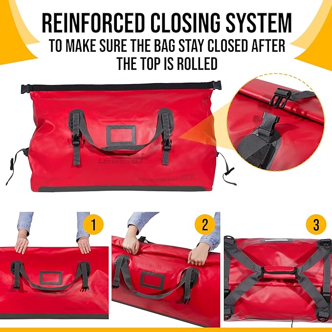 LEGEND Waterproof Duffel Bag - Heavy Duty Duffle Bag for Outdoor, Camping, Boating & Travel, Premium PVC Dry Duffel Bag, Motorcycle Dry Bag with Durable Strap & Handles with Large Storage - 40L Red