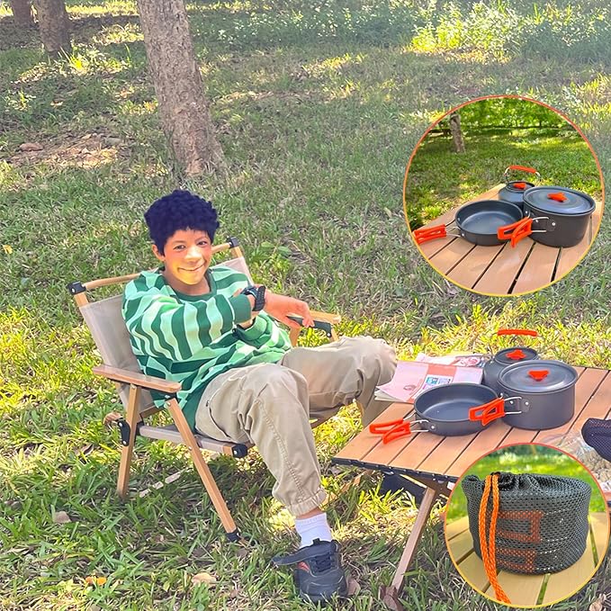 12pcs Camping Cooking Set, Camping Pots and Pans Set with Kettle Compass Hook Flint Plastic Bowls and Soup Spoon for Camping, Backpacking, Hiking, Outdoor Cooking and Picnic