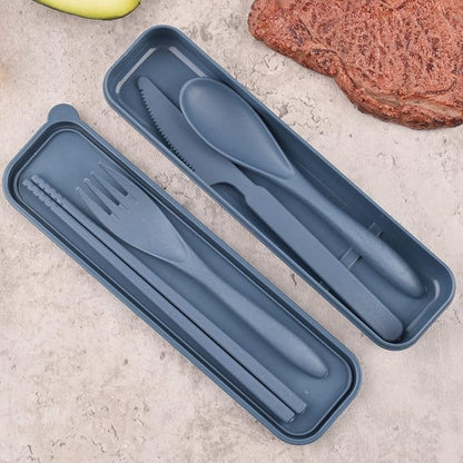 Travel Utensils with Case, Portable Wheat Straw Cutlery Set, Spoon Knife Fork Chopsticks Reusable Utensils for Travel Work Picnic Camping or Daily Use