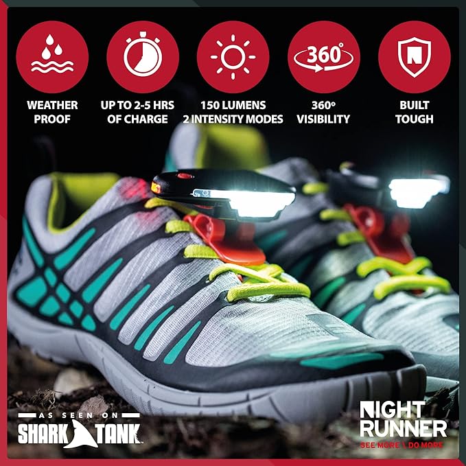 Shoe Lights - Rechargeable Battery & Waterproof Light for Runners, Dog Walking, Hiking - Best Safety Running Gear for High Visibility in Low Light - Red