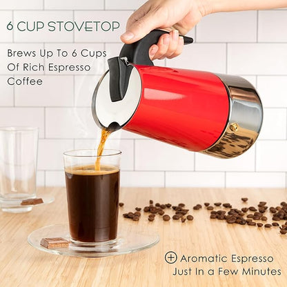 Mixpresso 6 Cup Greca Stovetop Espresso Maker 10oz, Moka Pot with Coffee Percolator Design, Stainless Steel Stove Top Coffee Maker for Camping or Home, Italian Coffee Maker Stovetop Red Coffee Pot