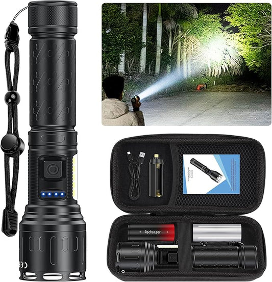 Flashlights 100,000 High Lumens Rechargeable - Super Bright LED Magnetic Flashlight with Sidelight 8 Modes Waterproof Powerful Handheld Flash Light for Emergency (1 Pack with Leather Box, Black)