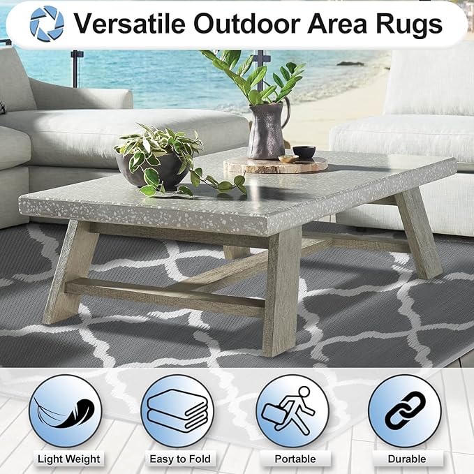 OutdoorLines Outdoor Plastic Area Rugs for Patio 4x6 ft - Reversible Outside Carpet, Stain & UV Resistant RV Mats, Straw Rug for Patio, Camping, Porch and Balcony, Moroccan Grey & Light Grey