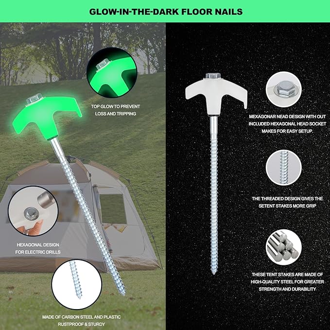 10PCS Camping Tent Stakes Heavy Duty,8 Inch Screw in Tent Stakes Heavy Duty,Nightglow Metal Tent Stakes,with Hex Head Driver,Nail Lifter,Ropes,White