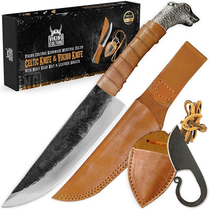 2-Piece Viking knife Set - 10.3" Wolf-Head Viking Knife with 6.5" Blade & Leather Sheath - 3" Celtic Pocket Knife with Necklace Case - Sharp Hand-Forged Real Carbon Steel