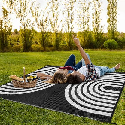 Anidaroel Outdoor Area Rug for Patio Clearance 8x10ft Waterproof, Reversible Plastic Straw Rug Outside Rug, RV Mat for Camping, Porch, Balcony, Pool Deck(Black&White, 8‘x10')