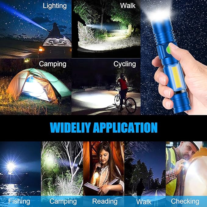 Flashlight USB Rechargeable, Magnetic LED Flashlight, Super Bright LED Tactical Flashlight with Cob Sidelight, 2000LM, Waterproof, Zoomable Best Small LED Flashlight for Camping, Emergency - Blue