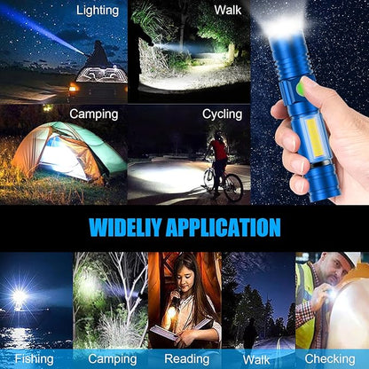 Flashlight USB Rechargeable, Magnetic LED Flashlight, Super Bright LED Tactical Flashlight with Cob Sidelight, 2000LM, Waterproof, Zoomable Best Small LED Flashlight for Camping, Emergency - Blue